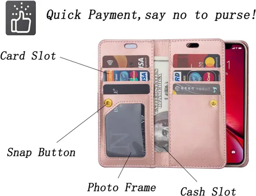 Vista 2 de ZCDAYE Funda tipo cartera para iPhone 11, cierre magnético, bolsillo con cremallera, función atril, piel sintética, funda interior de TPU suave