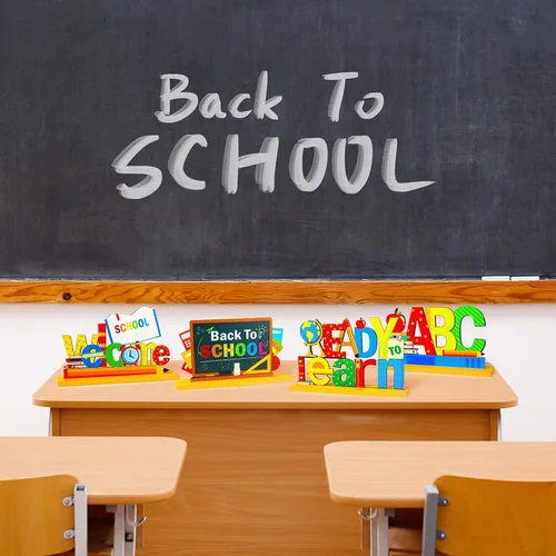 Vista 6 de 4 piezas de decoración de fiesta de regreso a clases, centros de mesa de madera para la primera escuela, listos para aprender, para escuela, aula
