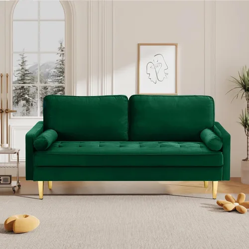 Vista 4 de Sofá LoveSeat de 67 pulgadas, sofá biplaza, sofás modernos de tela de terciopelo con diseño de puntos con dos almohadas redondas para espacios Verde