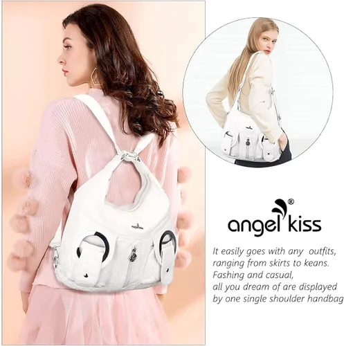 Vista 7 de Angel Kiss Bolso de mano estilo hobo para mujer bolso de hombro cruzado amplio bolso de mano con asa superior de cuero sintético lavado