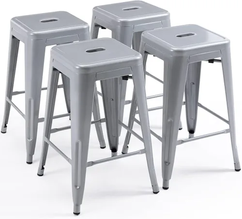 Vista 30 de Vogue Furniture Direct 24" Taburetes de bar de metal sin respaldo negros para interiores/exteriores, altura para encimera con asiento cuadrado