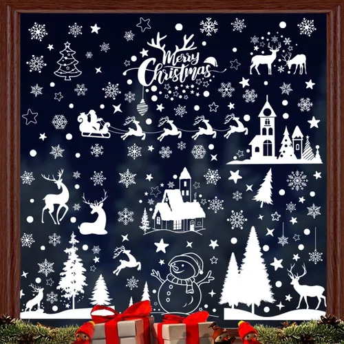 Vista 2 de 148 piezas de decoraciones navideñas para ventanas, Papá Noel, árbol de Navidad, copos de nieve, muñeco de nieve, castillo, ciervo, calcomanías