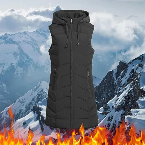 Vista 6 de OSFVNOXV Chaqueta larga acolchada para mujer, abrigo de invierno con cremallera completa, sin mangas, con capucha, cálidos, cortavientos gruesos