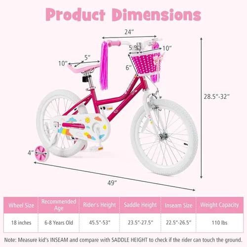 Vista 8 de BABY JOY Bicicleta para niñas, 12 pulgadas, 14 pulgadas, 16 pulgadas, 18 pulgadas, bicicleta para niños de 3 a 8 años con ruedas de entrenamiento