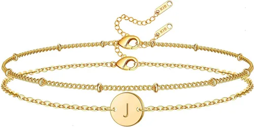 Vista 28 de Glimmerst Pulsera con inicial para mujer, chapada en oro de 18K, de acero inoxidable en capas, con monedas, pulsera con letra, cadena con cuentas