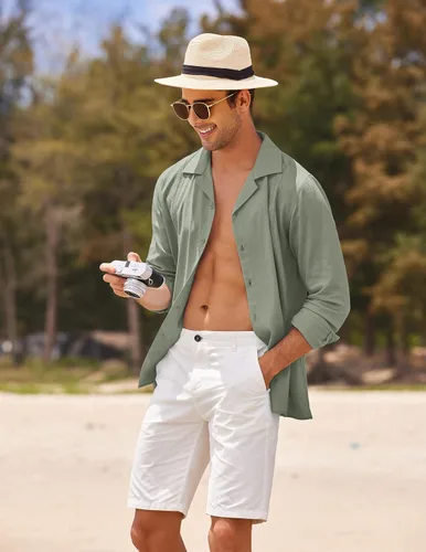 Vista 2 de COOFANDY Mens Linen Shirt Casual Cuban Guayabera Long Sleeve Button Down Beach Shirts