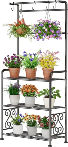 Vista 12 de GIOTORENT Soporte para plantas de interior, estante de metal resistente de 3 niveles para patio e interior, soporte alto para plantas que sostiene