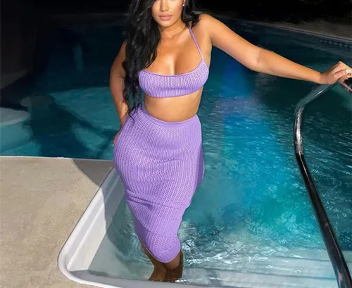 Vista 2 de Conjunto de salida de baño de punto para mujer, dos piezas, sin mangas, top halter y falda larga de cintura alta