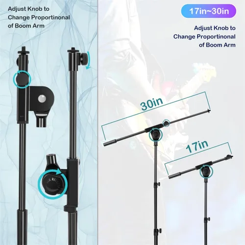 Vista 4 de Soporte de micrófono plegable para el suelo, trípode resistente, brazo con 2 tornillos, 2 clips de micrófono, 2 fundas de espuma y bolsa