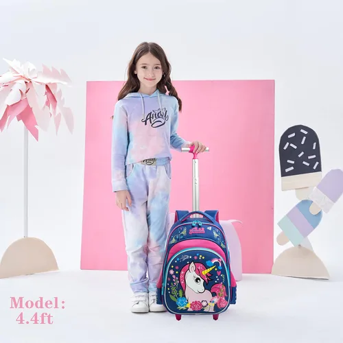 Vista 6 de Meetbelify Mochilas con ruedas de unicornio para niñas, mochila con ruedas para niñas, bolsas escolares con lonchera