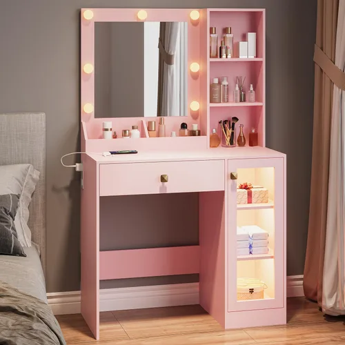 Vista 19 de Wodeer Pequeño escritorio de maquillaje con espejo y luces, tocador con armario de cristal, luces LED y toma de corriente, cajón y gabinetes