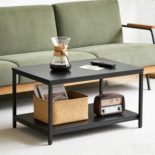 Vista 2 de SUPER DEAL - Mesa de café industrial de 2 niveles con estante de almacenamiento para apartamento pequeño, sala de estar, mesa auxiliar rectangular