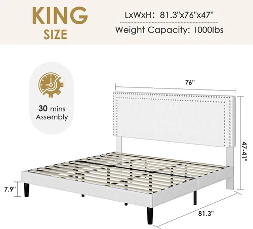 Vista 144 de VECELO Base de cama de plataforma de tamaño individual con cabecera tapizada de altura ajustable, base de colchón moderna, soporte de listones