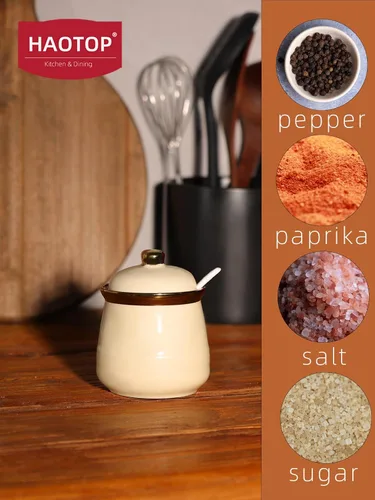 Vista 7 de Azucarero de 12 oz con tapa y cuchara, tarro de azúcar de cerámica simple, contenedor de azúcar, dispensador de azúcar, accesorios de barra de café