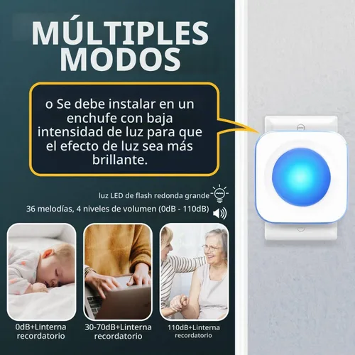 Vista 9 de Timbre inalámbrico de 1200 pies impermeable para el hogar con 36 melodías, 4 niveles de volumen, luz LED flash (1 receptor y 1 botón táctil blanco)