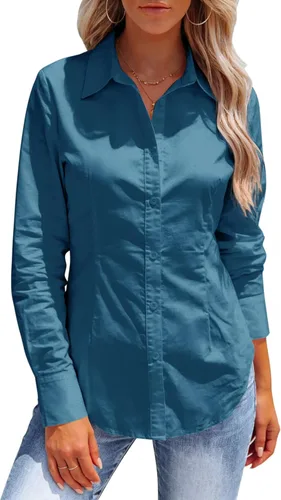 Vista 17 de Button Down Shirts for Women Long Sleeve Dress Shirts Collared Work Wrinkle Free Office Solid Blouses Fitted Tops