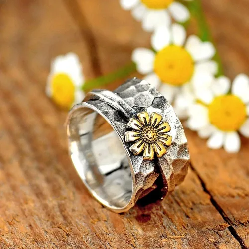 Vista 5 de Anillo giratorio de flores de margarita para mujeres, niñas, hombres, antiansiedad, gira libremente, inspiraciones, alivio del estrés, meditación