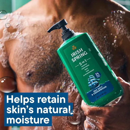 Vista 5 de Irish Spring Gel de baño hidratante 5 en 1 para hombres, champú, acondicionador, lavado corporal y facial, y desodorante 24 horas, sin parabenos