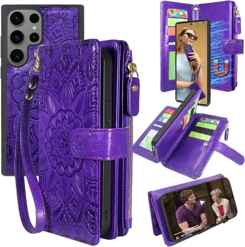 Vista 7 de Harryshell Funda de cuero desmontable con cremallera magnética con bolsillo para monedas, 12 ranuras para tarjetas, correa de muñeca para Samsung