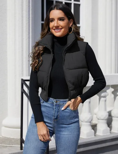 Vista 2 de Dqbeng Chaleco acolchado de moda para mujer, con cremallera completa, sin mangas, con relleno