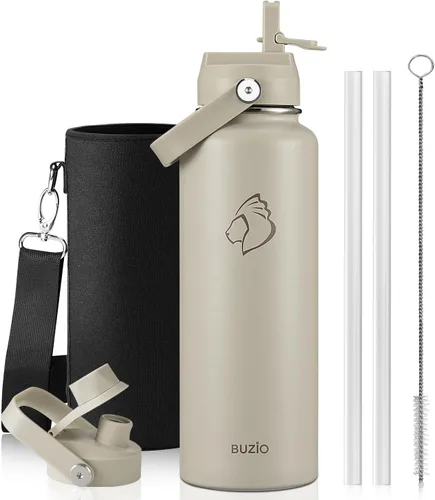 Vista 96 de BUZIO Botella de agua aislada de 24 oz, frasco de agua de boca ancha de acero inoxidable con tapa de pajita, frío durante 48 horas a prueba de Negro