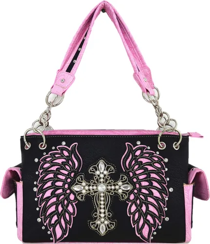 Vista 2 de Estilo occidental Rhinestone Cruz tachonado láser corte alas herramientas cuero bolso mujeres bolsos país hombro cartera conjunto