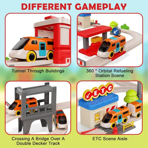 Vista 4 de Juego de tren urbano para niños, 55 piezas de tren eléctrico simulado sistema de transporte urbano, juguetes educativos para niños pequeños, regalos