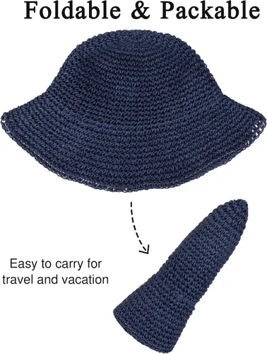 Vista 6 de Sombrero de paja para mujer, plegable, plegable, de ala ancha, para verano, playa, sombrero de ganchillo