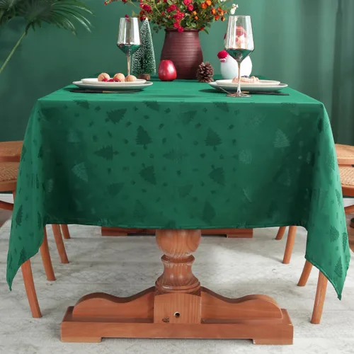 Vista 3 de Honellaty Mantel Verde de Navidad, Tela Jacquard con Patrón de Árbol de Navidad Mantel Rectangular, Mantel de Damasco para Mesas Rectangulares