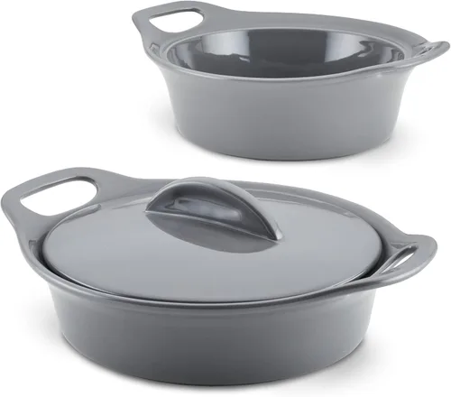 Vista 15 de Rachael Ray Solid Glaze Ceramics - Juego de utensilios para hornear/panadería con tapa compartida, 3 piezas, azul agave