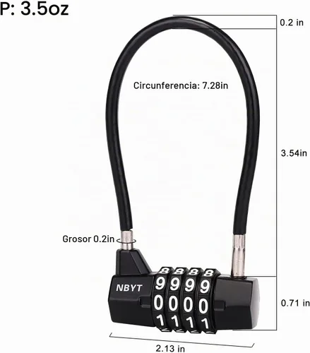Vista 2 de Cerradura de cable combinada, cable de acero de 3/16 pulgadas, 7 pulgadas de longitud, cerradura de 4 dígitos para puertas, vallas, gabinetes