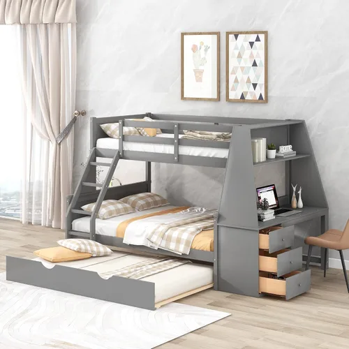 Vista 13 de Harper & Bright Designs - Litera con cama de tamaño individual sobre cama de tamaño matrimonial/individual, con 3 cajones, 4 espacios de Gris