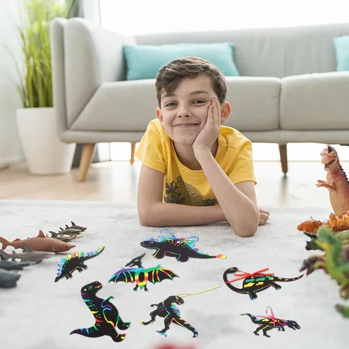 Vista 7 de Droutti Juego de 64 tarjetas de rascar con temática de dinosaurio, papel para rascar arco iris, kit de tarjetas de arte de dinosaurio, papel