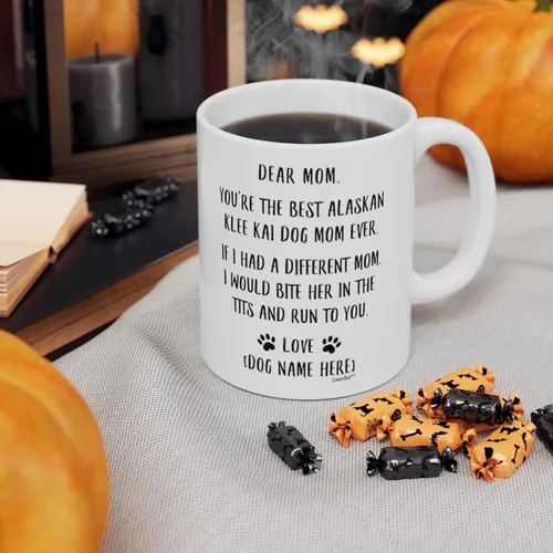 Vista 7 de Taza divertida para mujeres dueñas de mascotas – Taza para café «A Wise Woman Once Said», blanca, 325 ml., Alaskan Klee Kai Mamá Personalizado