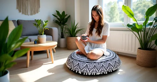 Vista 3 de CRAFT KALA Funda de cojín redonda grande de 32 pulgadas para el suelo bohemio, funda de puf boho, funda de cojín de mandala para meditación, cojines