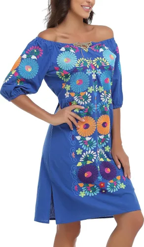 Vista 5 de YZXDORWJ Vestido bordado mexicano de manga corta para mujer