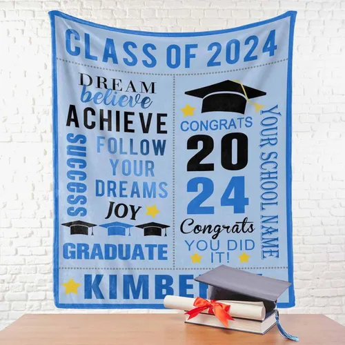 Vista 4 de Manta personalizada con nombre de graduados y escuela para un regalo único, manta personalizada de graduación de clase de 2024, manta suave, 30 x 40