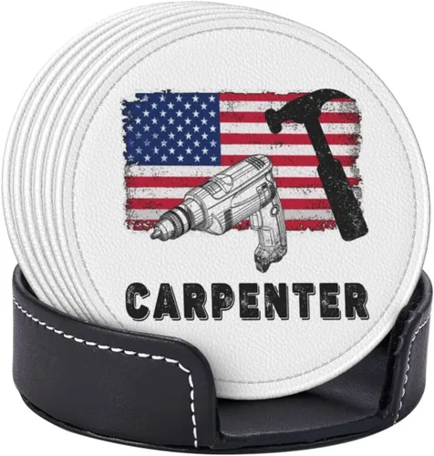 Vista 23 de Juego de 6 posavasos con soporte para electricista con bandera estadounidense, tapete de piel sintética para cocina, bar, mesa, escritorio