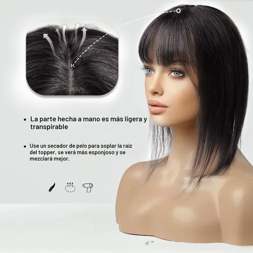 Vista 3 de HAIRCUBE Pelucas de cabello humano 100% con flequillo, densidad 150%, base de seda, clip en la parte superior, pelucas de cabello superior para #1B