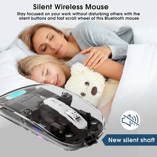 Vista 5 de Mouse inalámbrico transparente para computadora, mouse Bluetooth recargable, pantalla de alimentación, DPI, acceso directo, Bluetooth trimodo