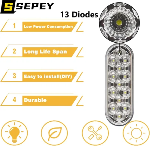 Vista 4 de Luz de respaldo LED ovalada de 6.5 pulgadas para remolque, 13 diodos, lámparas de luz de marcha atrás blanca, impermeables, luces traseras