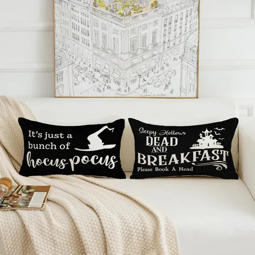 Vista 2 de Juego de 2 fundas de almohada de Halloween de 12 x 20 pulgadas, fundas de almohada de Hocus Pocus, color negro, para otoño, decoración de granja