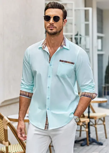 Vista 3 de COOFANDY - Camisa de vestir de algodón con mangas largas, botones y cuello a cuadros, de estilo casual, para hombres