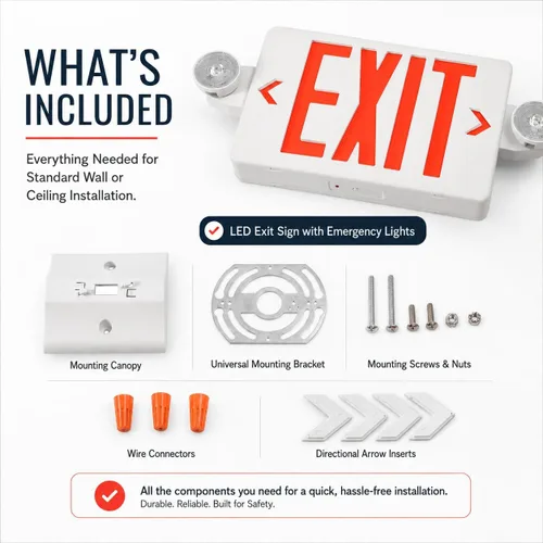 Vista 6 de Señal de salida LED rojo con luces de emergencia, dos luces de salida de emergencia de cabeza ajustable con batería de respaldo, lámpara LED dual