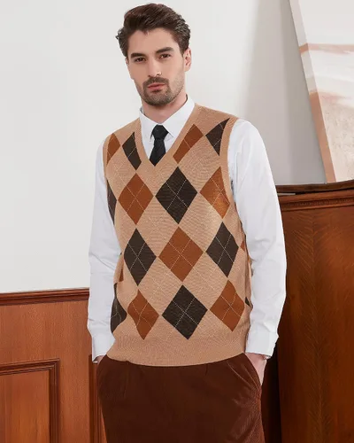 Vista 2 de Kallspin Suéter tipo chaleco con rombos para hombre, mezcla de lana, cuello en V, sin mangas