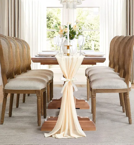 Vista 3 de WARM HOME DESIGNS Tela de gasa beige de 35 x 120 pulgadas. Utiliza material de gasa de lujo como camino de mesa, decoración de arco de boda, bufanda