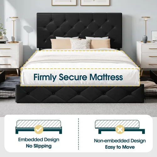 Vista 7 de WEEWAY Base de cama de plataforma tamaño King con 4 cajones de almacenamiento, cabecera capitonada con botones de costura de diamante, base de Negro
