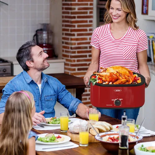 Vista 4 de Sunvivi Horno asador y triple olla de cocción lenta, tostador de pavo de 24 cuartos con función única de descongelación/calor, rojo, 3 ollas