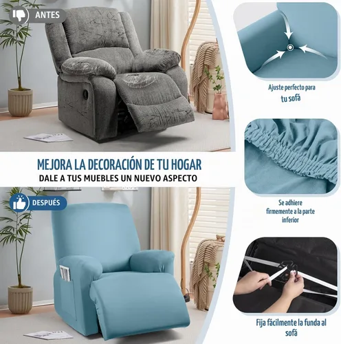 Vista 5 de TAOCOCO Fundas Elásticas para Sillones Reclinables de 3 Piezas Fundas Sólidas para Muebles Funda para Sillón Reclinable Fundas Deslizables con Azul