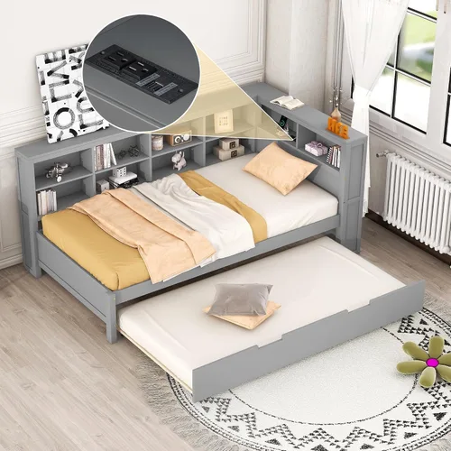 Vista 22 de HomSof Cama individual con 2 cajones, madera maciza, no necesita somier, gris